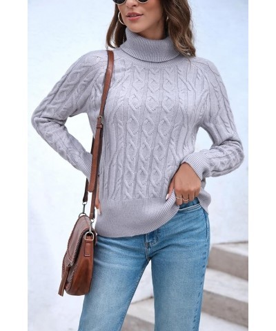 Womens Turtleneck Long Sleeve Pullover Sweaters Cable Knit Chunky Casual Soft Comfy Sweater Fitted Solid Jumper Tops Light Gr...