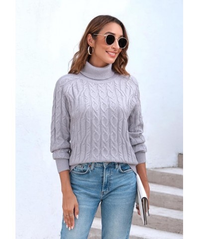 Womens Turtleneck Long Sleeve Pullover Sweaters Cable Knit Chunky Casual Soft Comfy Sweater Fitted Solid Jumper Tops Light Gr...