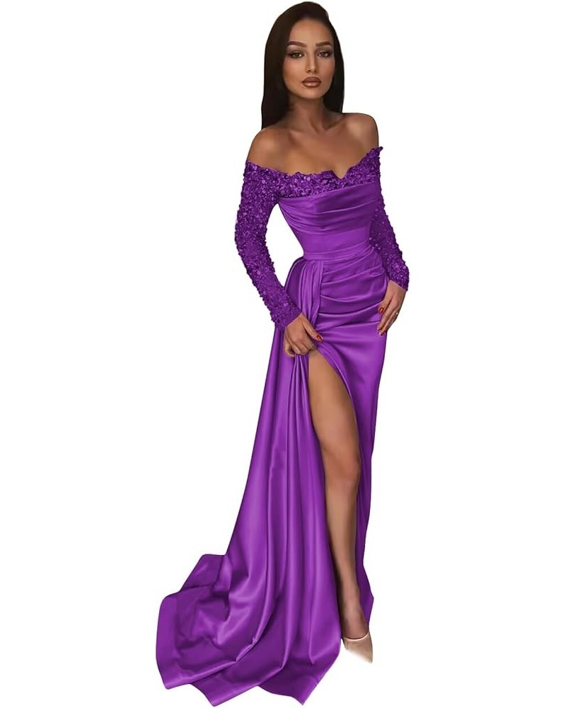 Women's Satin Prom Dresses 2024 Corset Mermaid Long Sleeve Sequin Formal Evening Party Gown for Women Purple $36.75 Dresses