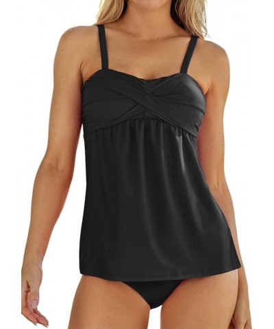 Women's Solid Ruched Tankini Top Swimsuit with Triangle Briefs Black $19.07 Swimsuits