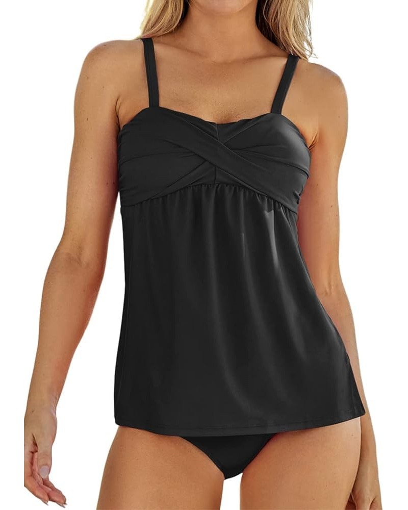 Women's Solid Ruched Tankini Top Swimsuit with Triangle Briefs Black $19.07 Swimsuits