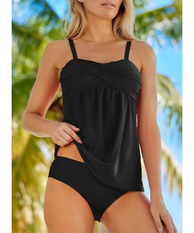 Women's Solid Ruched Tankini Top Swimsuit with Triangle Briefs Black $19.07 Swimsuits