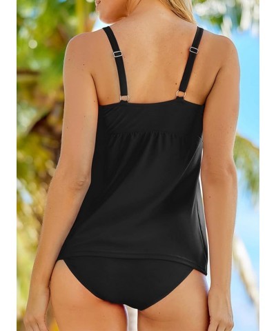 Women's Solid Ruched Tankini Top Swimsuit with Triangle Briefs Black $19.07 Swimsuits