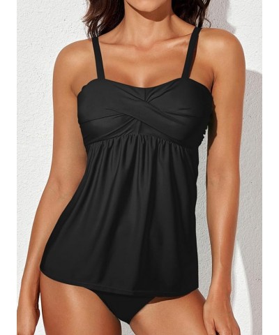 Women's Solid Ruched Tankini Top Swimsuit with Triangle Briefs Black $19.07 Swimsuits