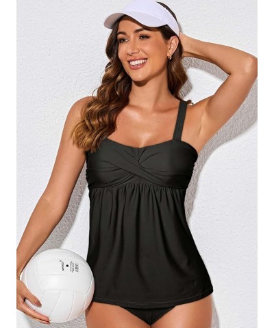 Women's Solid Ruched Tankini Top Swimsuit with Triangle Briefs Black $19.07 Swimsuits