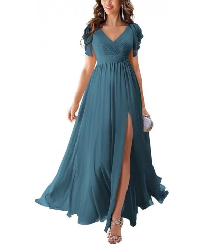 Long Bridesmaid Dresses with Slit Chiffon V Neck Ruffles Sleeves Formal Dress Evening Gown for Weddings Bride Teal $36.91 Dre...