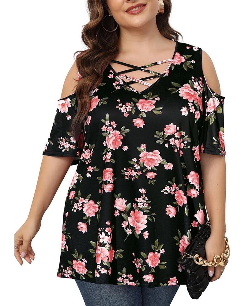 Women's Plus Size Cold Shoulder Tunic Tops Short Sleeve Criss Cross V Neck T Shirts 1X-5X Floral Black $12.50 Tops