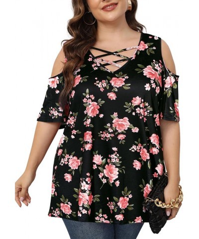 Women's Plus Size Cold Shoulder Tunic Tops Short Sleeve Criss Cross V Neck T Shirts 1X-5X Floral Black $12.50 Tops