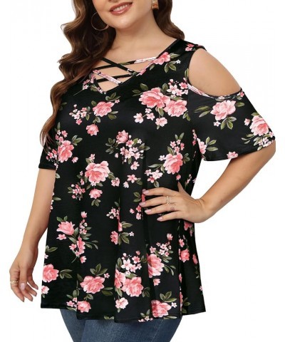 Women's Plus Size Cold Shoulder Tunic Tops Short Sleeve Criss Cross V Neck T Shirts 1X-5X Floral Black $12.50 Tops