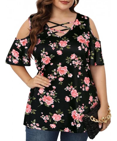 Women's Plus Size Cold Shoulder Tunic Tops Short Sleeve Criss Cross V Neck T Shirts 1X-5X Floral Black $12.50 Tops