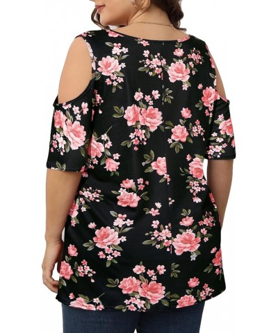 Women's Plus Size Cold Shoulder Tunic Tops Short Sleeve Criss Cross V Neck T Shirts 1X-5X Floral Black $12.50 Tops