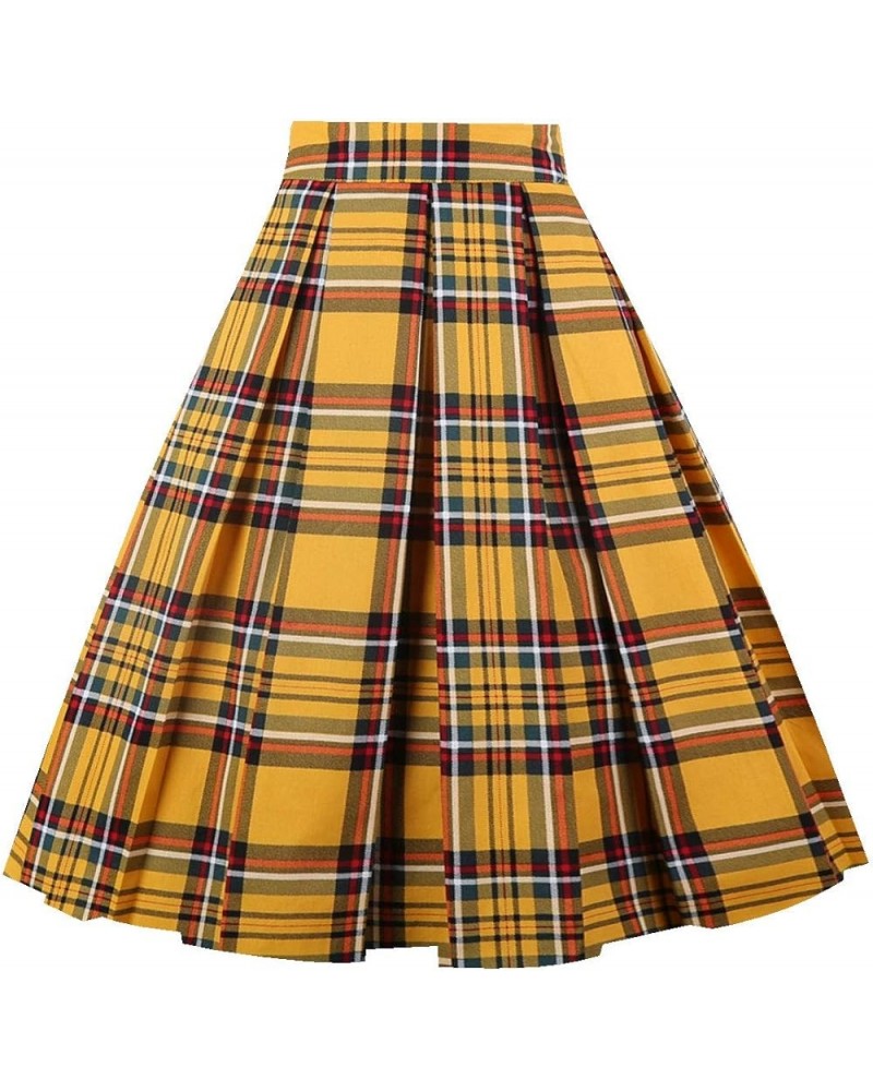 Dresstore Vintage Pleated Skirt Floral A-line Printed Midi Skirts with Pockets Yellow-plaid $12.80 Skirts