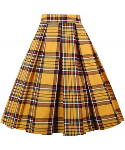 Dresstore Vintage Pleated Skirt Floral A-line Printed Midi Skirts with Pockets Yellow-plaid $12.80 Skirts