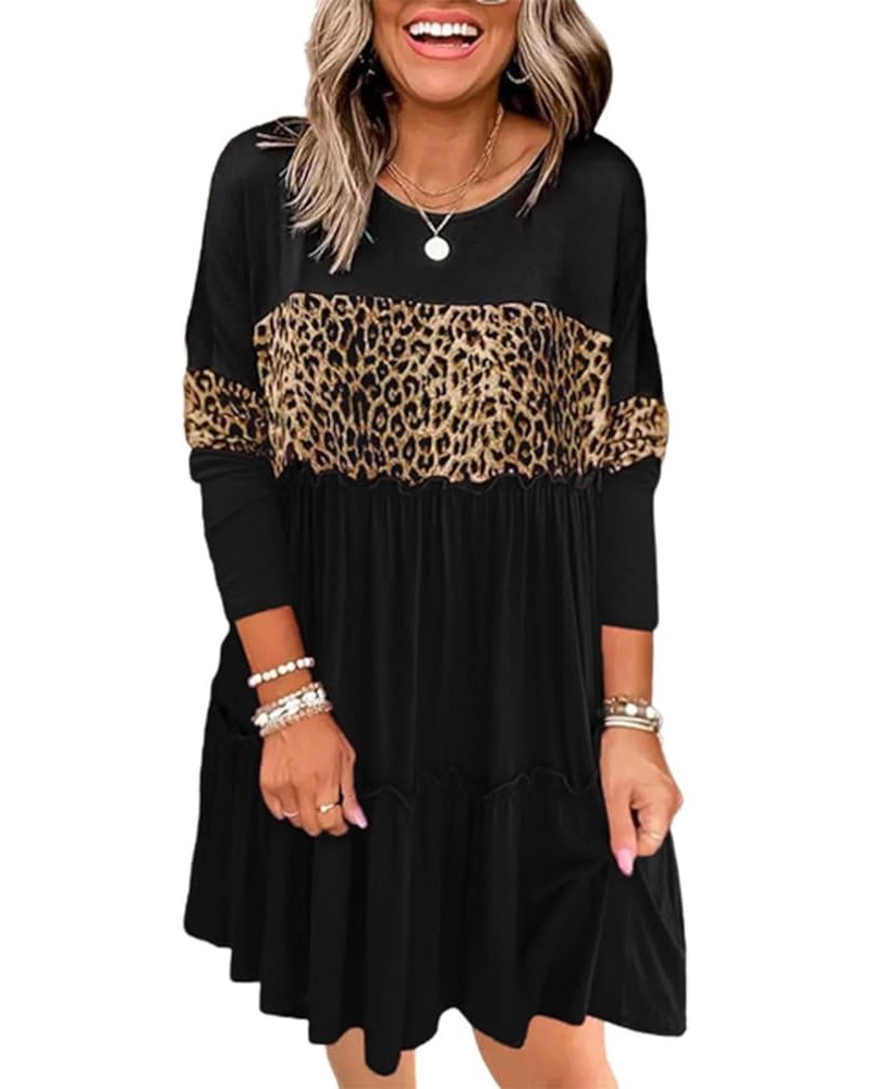 Women Long Sleeve Loose Fit Ruffled Dress Leopard Color Block Round Neck Tiered Casual Swing Tunic Mini Dresses Black $13.24 ...