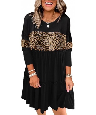 Women Long Sleeve Loose Fit Ruffled Dress Leopard Color Block Round Neck Tiered Casual Swing Tunic Mini Dresses Black $13.24 ...