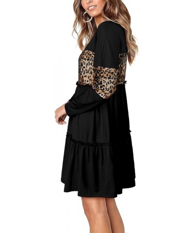 Women Long Sleeve Loose Fit Ruffled Dress Leopard Color Block Round Neck Tiered Casual Swing Tunic Mini Dresses Black $13.24 ...