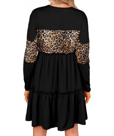 Women Long Sleeve Loose Fit Ruffled Dress Leopard Color Block Round Neck Tiered Casual Swing Tunic Mini Dresses Black $13.24 ...