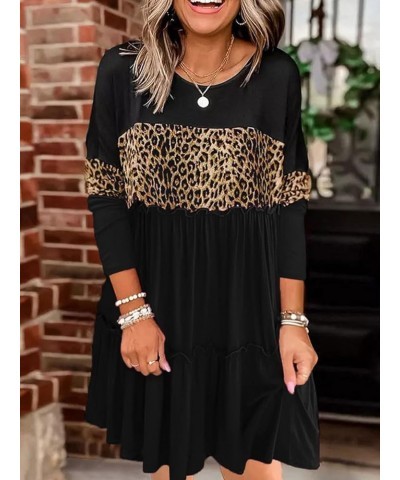 Women Long Sleeve Loose Fit Ruffled Dress Leopard Color Block Round Neck Tiered Casual Swing Tunic Mini Dresses Black $13.24 ...