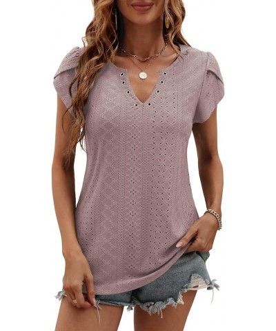 Women's 2023 Summer Petal Short Sleeve T-Shirts Casual V Neck Eyelet Tops Tunic Blouses Pink $8.54 Blouses