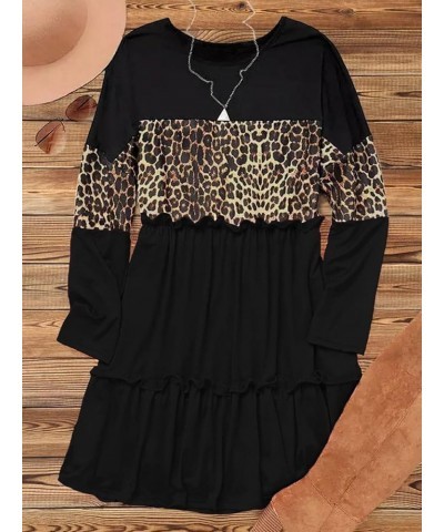 Women Long Sleeve Loose Fit Ruffled Dress Leopard Color Block Round Neck Tiered Casual Swing Tunic Mini Dresses Black $13.24 ...