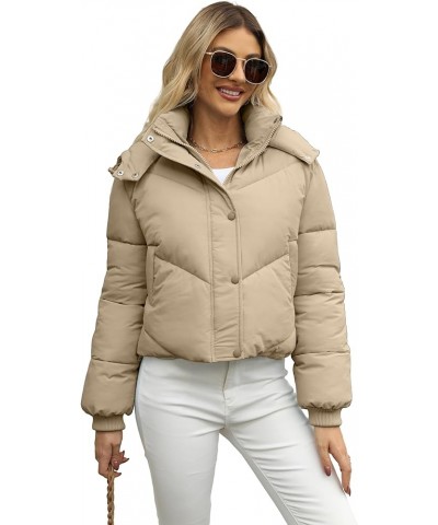 Women's Cropped Puffer Jacket Winter Warm Quilted Short Coats with Pockets Khaki $15.97 Jackets