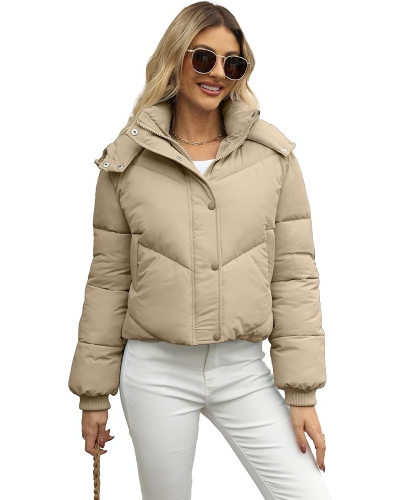 Women's Cropped Puffer Jacket Winter Warm Quilted Short Coats with Pockets Khaki $15.97 Jackets