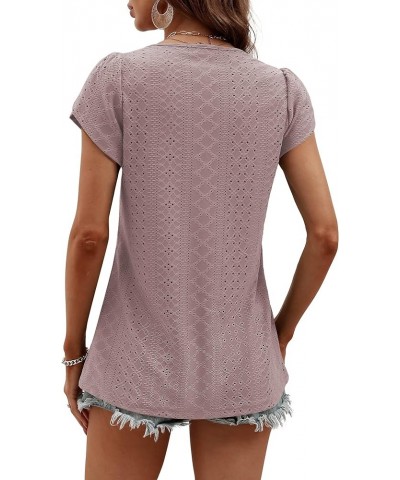 Women's 2023 Summer Petal Short Sleeve T-Shirts Casual V Neck Eyelet Tops Tunic Blouses Pink $8.54 Blouses