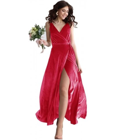 Velvet V Neck Bridesmaid Dress Long Women's Prom Formal Party Gown with Slit Watermelon Red $34.85 Dresses