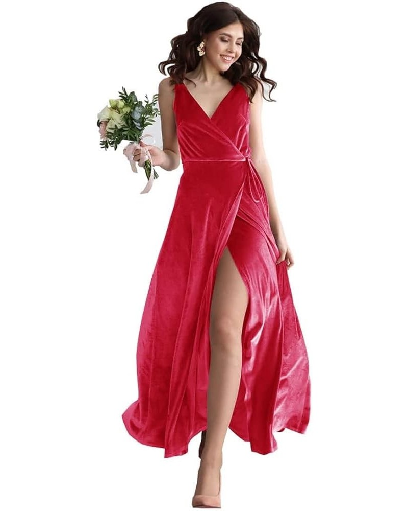 Velvet V Neck Bridesmaid Dress Long Women's Prom Formal Party Gown with Slit Watermelon Red $34.85 Dresses