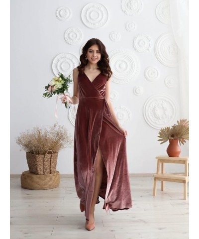 Velvet V Neck Bridesmaid Dress Long Women's Prom Formal Party Gown with Slit Watermelon Red $34.85 Dresses