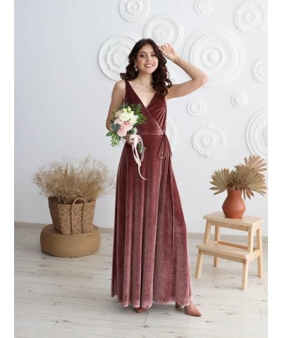 Velvet V Neck Bridesmaid Dress Long Women's Prom Formal Party Gown with Slit Watermelon Red $34.85 Dresses