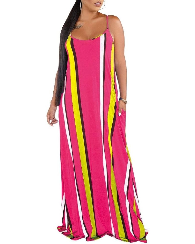 Womens Plus-Size Summer Bohemian Beach Sundress Spaghetti Strap Loose Long Maxi Dresses with Pockets Rose Spaghetti Strap Sun...