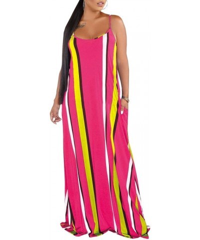 Womens Plus-Size Summer Bohemian Beach Sundress Spaghetti Strap Loose Long Maxi Dresses with Pockets Rose Spaghetti Strap Sun...