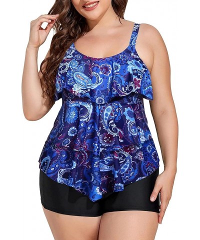 Women's Plus Size Tankini Swimsuits with Shorts Two Piece Bathing Suits Ruffle Swimsuits Tummy Control Swimwear Blue Mandala ...