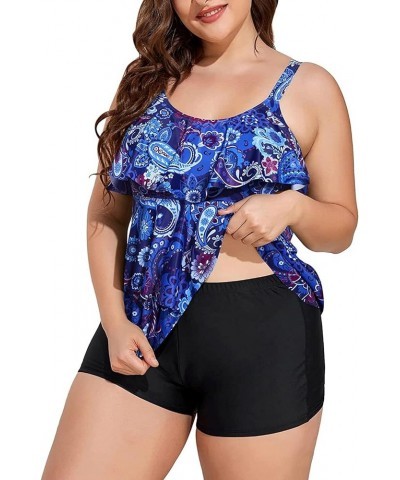 Women's Plus Size Tankini Swimsuits with Shorts Two Piece Bathing Suits Ruffle Swimsuits Tummy Control Swimwear Blue Mandala ...