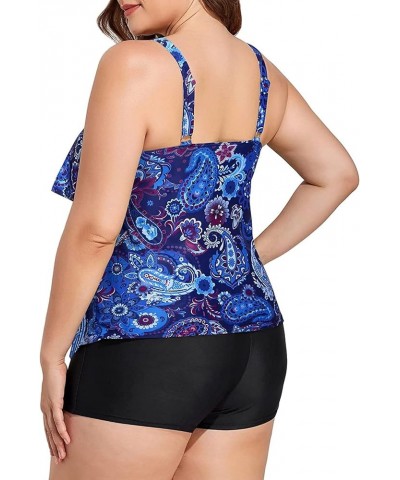 Women's Plus Size Tankini Swimsuits with Shorts Two Piece Bathing Suits Ruffle Swimsuits Tummy Control Swimwear Blue Mandala ...