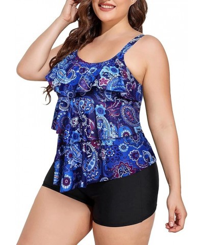 Women's Plus Size Tankini Swimsuits with Shorts Two Piece Bathing Suits Ruffle Swimsuits Tummy Control Swimwear Blue Mandala ...