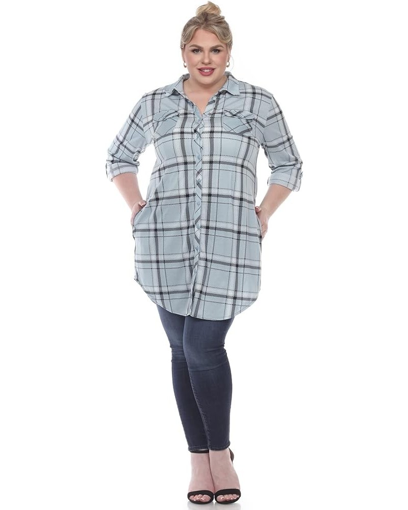 Women's Plus Size Stretchy Windowpane Plaid Tunic Top with Side Pockets and Roll Tab Sleeves Blue $13.45 Tops