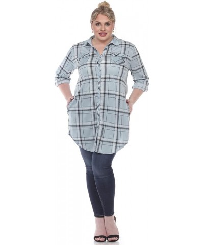 Women's Plus Size Stretchy Windowpane Plaid Tunic Top with Side Pockets and Roll Tab Sleeves Blue $13.45 Tops