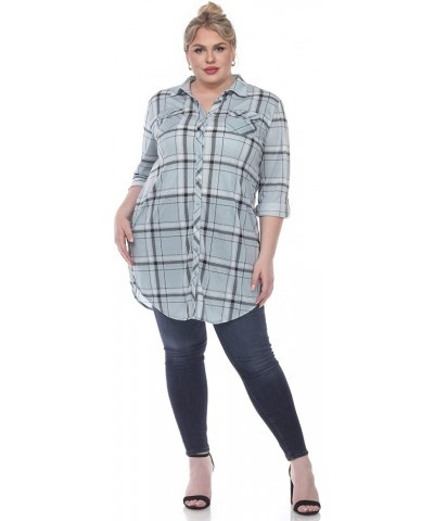 Women's Plus Size Stretchy Windowpane Plaid Tunic Top with Side Pockets and Roll Tab Sleeves Blue $13.45 Tops