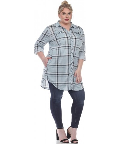 Women's Plus Size Stretchy Windowpane Plaid Tunic Top with Side Pockets and Roll Tab Sleeves Blue $13.45 Tops