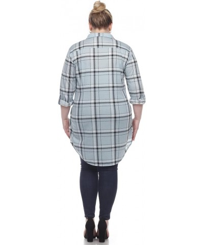 Women's Plus Size Stretchy Windowpane Plaid Tunic Top with Side Pockets and Roll Tab Sleeves Blue $13.45 Tops