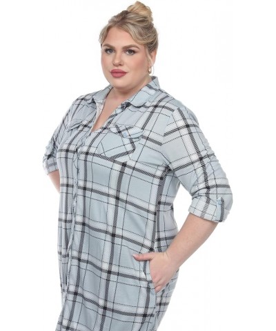 Women's Plus Size Stretchy Windowpane Plaid Tunic Top with Side Pockets and Roll Tab Sleeves Blue $13.45 Tops