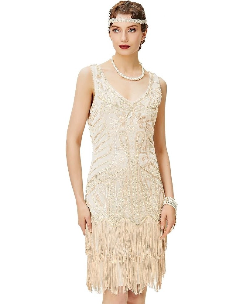 Women’s Flapper Dresses Set 1920s V Neck Beaded Fringed Great Gatsby Dress Beige $23.27 Sets