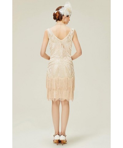 Women’s Flapper Dresses Set 1920s V Neck Beaded Fringed Great Gatsby Dress Beige $23.27 Sets