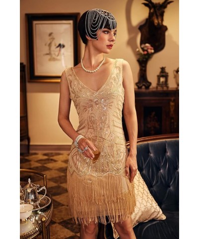 Women’s Flapper Dresses Set 1920s V Neck Beaded Fringed Great Gatsby Dress Beige $23.27 Sets