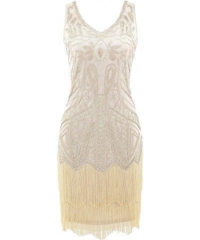 Women’s Flapper Dresses Set 1920s V Neck Beaded Fringed Great Gatsby Dress Beige $23.27 Sets