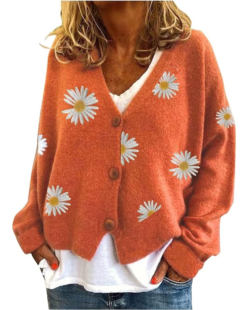 Women Warm Sweater Top Coats Cardigans Daisy Printing Long Sleeve Sweatshirt V-Neck Cropped Elegant Versatile Orange $20.63 A...