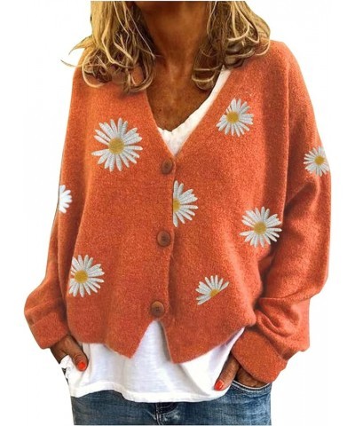 Women Warm Sweater Top Coats Cardigans Daisy Printing Long Sleeve Sweatshirt V-Neck Cropped Elegant Versatile Orange $20.63 A...