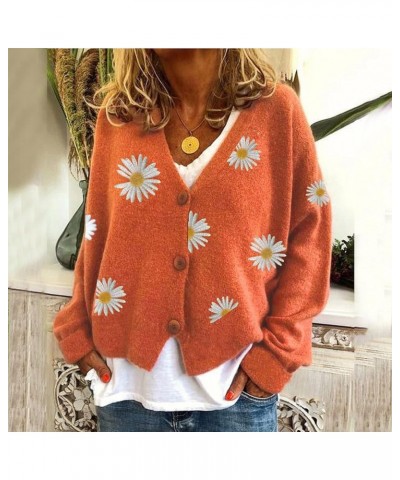 Women Warm Sweater Top Coats Cardigans Daisy Printing Long Sleeve Sweatshirt V-Neck Cropped Elegant Versatile Orange $20.63 A...